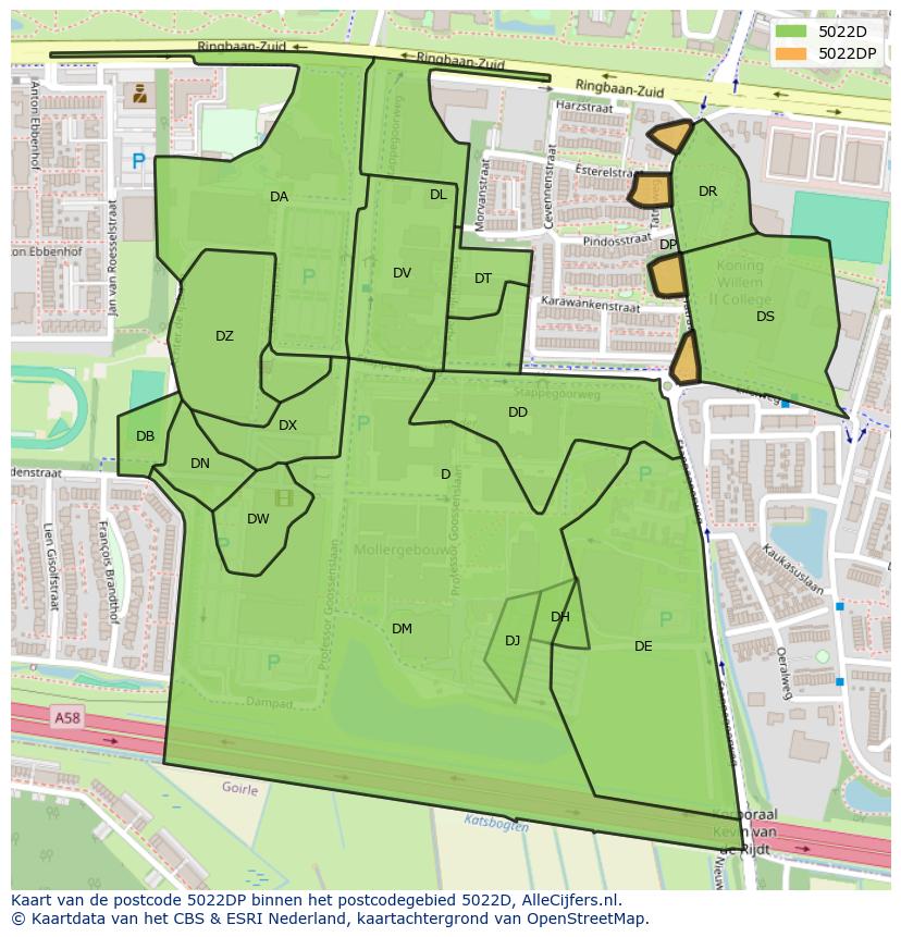 Afbeelding van het postcodegebied 5022 DP op de kaart.
