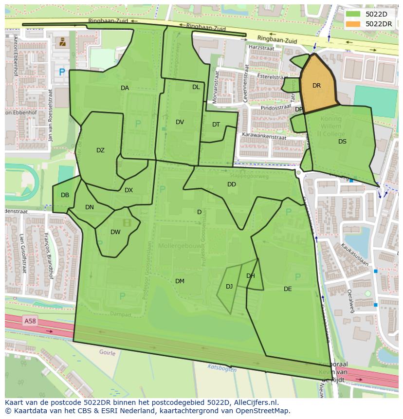 Afbeelding van het postcodegebied 5022 DR op de kaart.