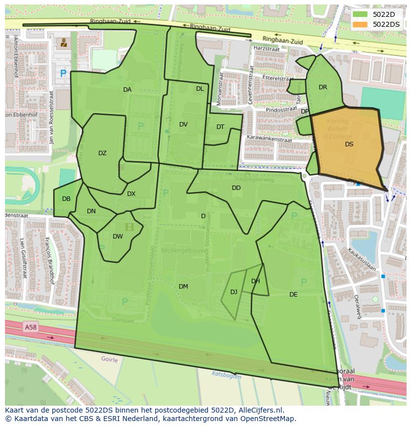 Afbeelding van het postcodegebied 5022 DS op de kaart.