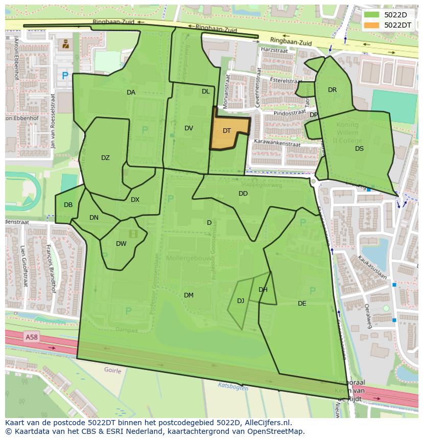 Afbeelding van het postcodegebied 5022 DT op de kaart.