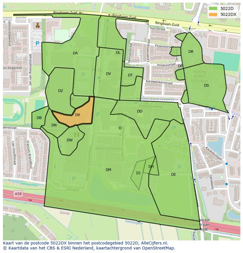 Afbeelding van het postcodegebied 5022 DX op de kaart.