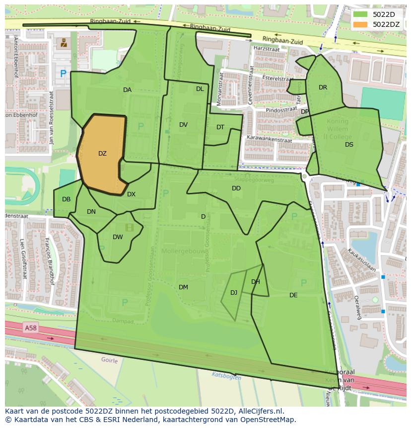 Afbeelding van het postcodegebied 5022 DZ op de kaart.