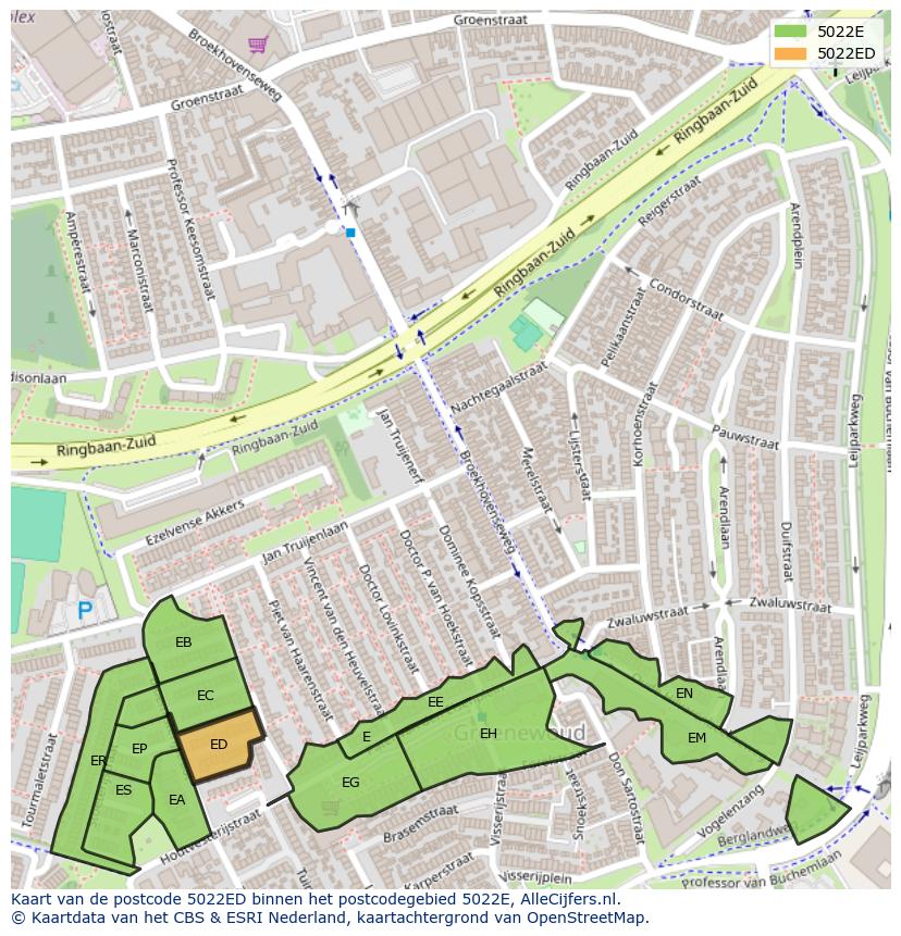 Afbeelding van het postcodegebied 5022 ED op de kaart.