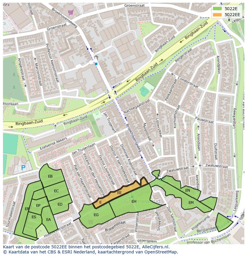 Afbeelding van het postcodegebied 5022 EE op de kaart.