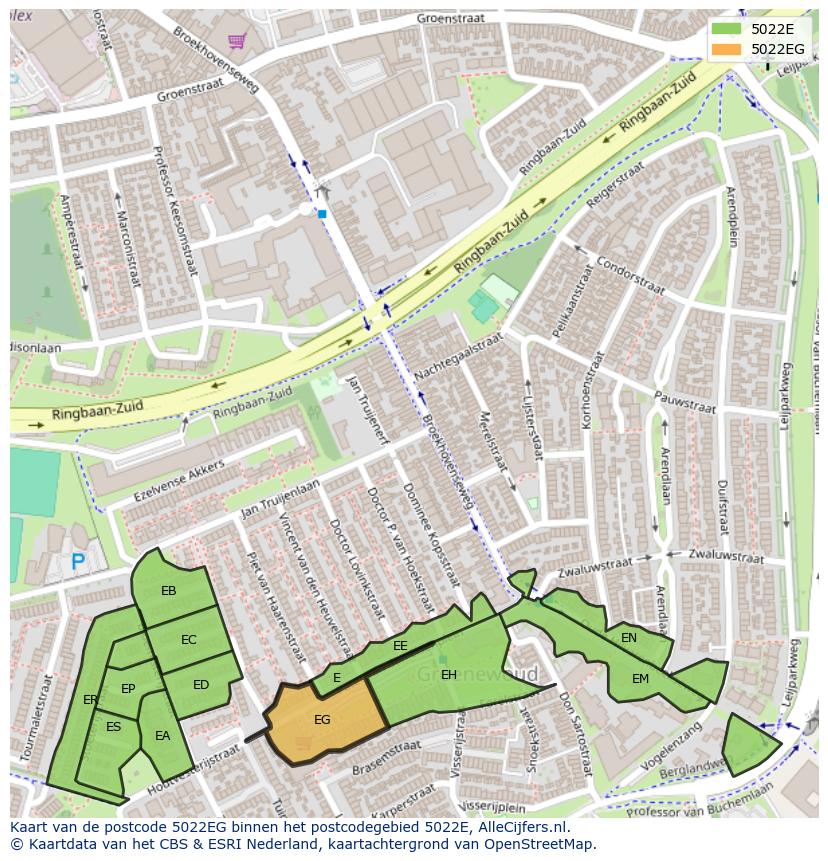 Afbeelding van het postcodegebied 5022 EG op de kaart.