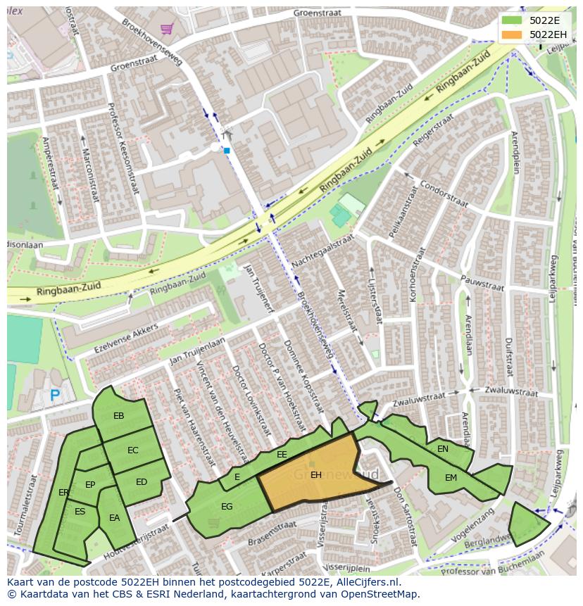 Afbeelding van het postcodegebied 5022 EH op de kaart.