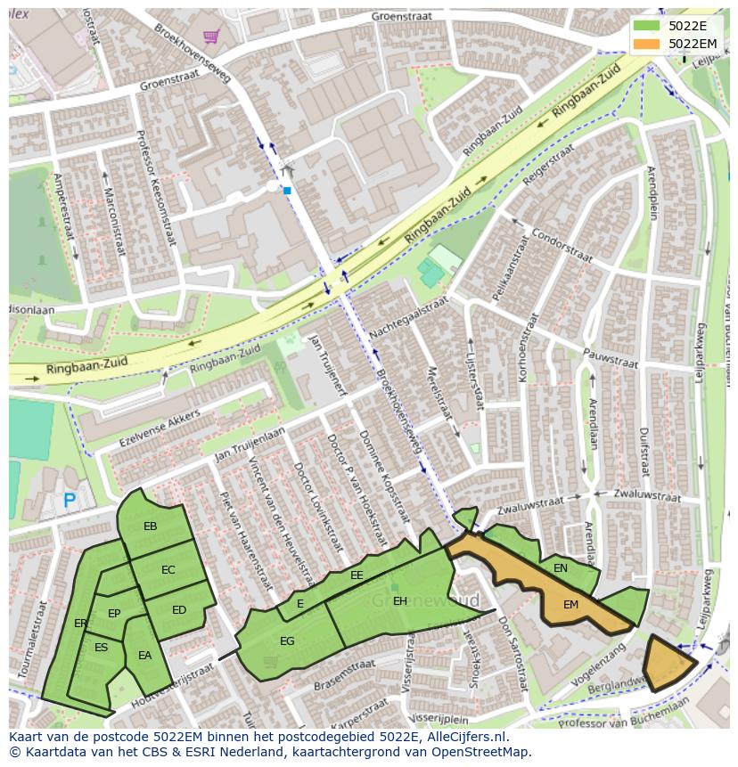 Afbeelding van het postcodegebied 5022 EM op de kaart.