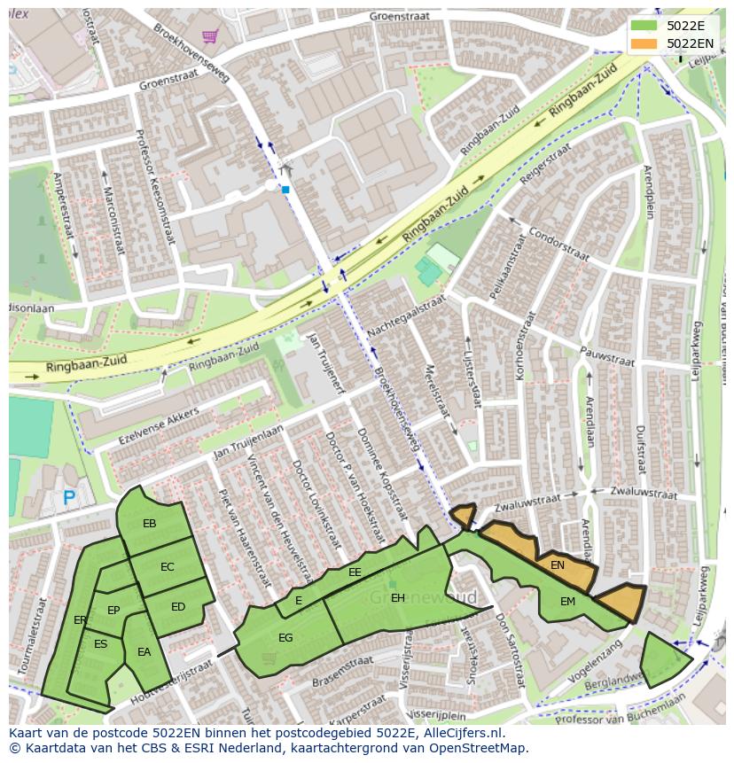 Afbeelding van het postcodegebied 5022 EN op de kaart.