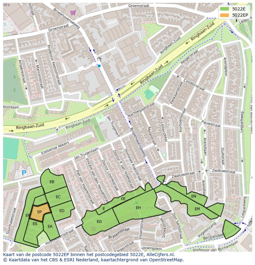 Afbeelding van het postcodegebied 5022 EP op de kaart.