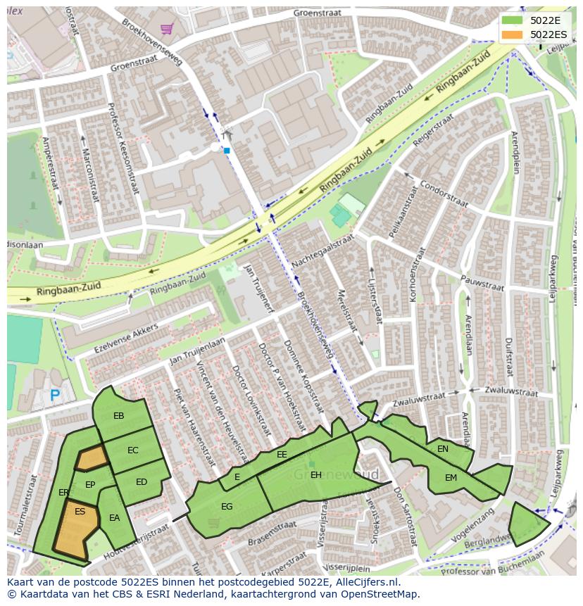Afbeelding van het postcodegebied 5022 ES op de kaart.