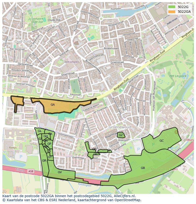 Afbeelding van het postcodegebied 5022 GA op de kaart.