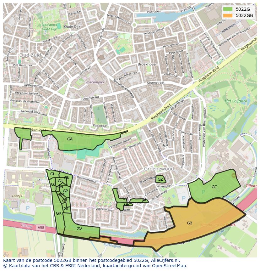 Afbeelding van het postcodegebied 5022 GB op de kaart.