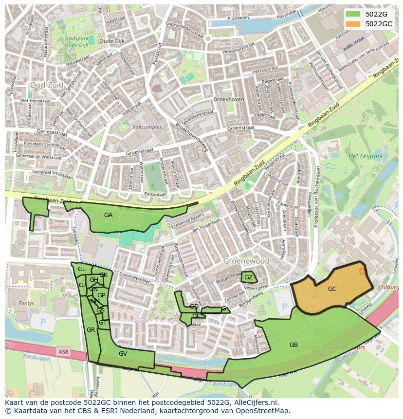 Afbeelding van het postcodegebied 5022 GC op de kaart.