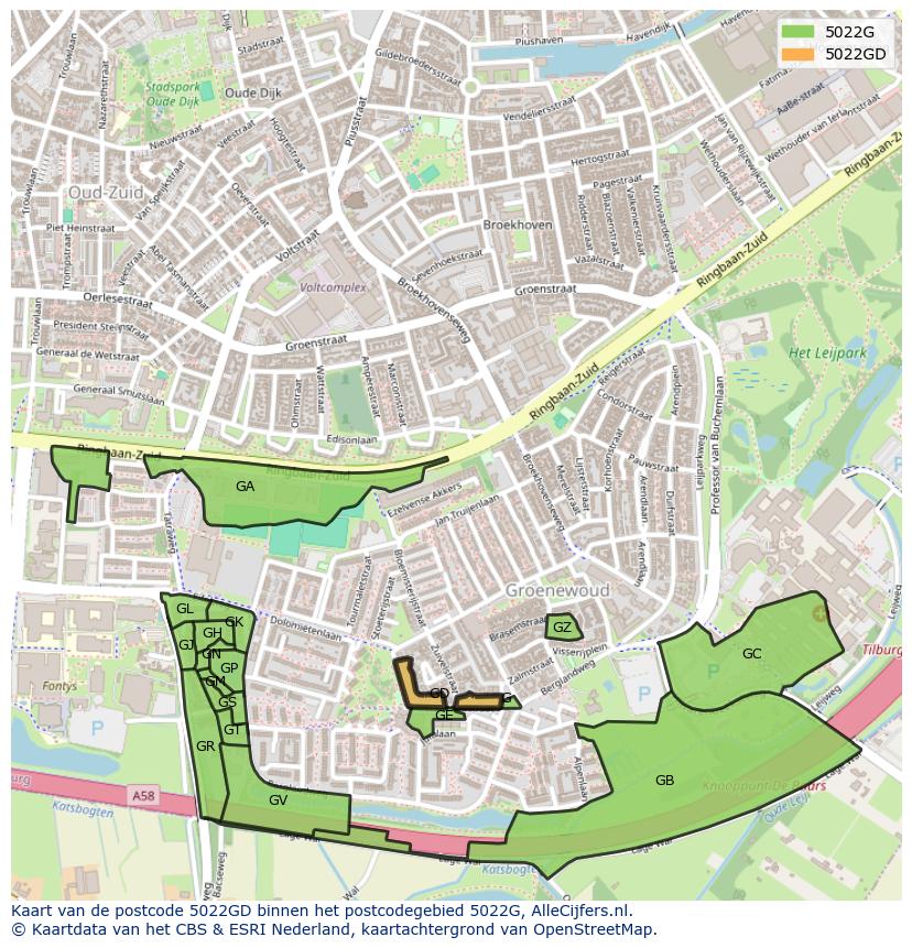 Afbeelding van het postcodegebied 5022 GD op de kaart.