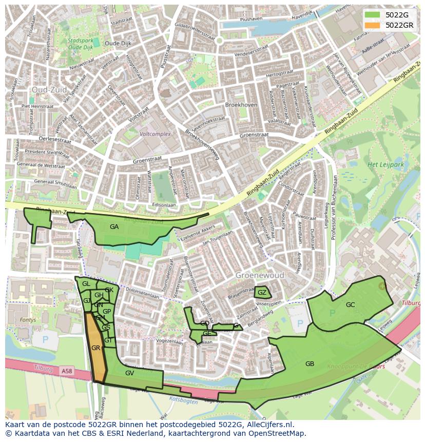 Afbeelding van het postcodegebied 5022 GR op de kaart.