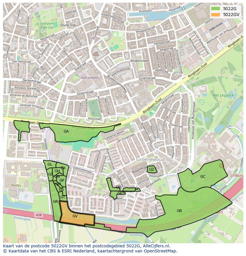 Afbeelding van het postcodegebied 5022 GV op de kaart.