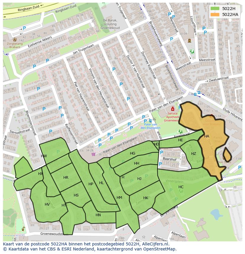 Afbeelding van het postcodegebied 5022 HA op de kaart.
