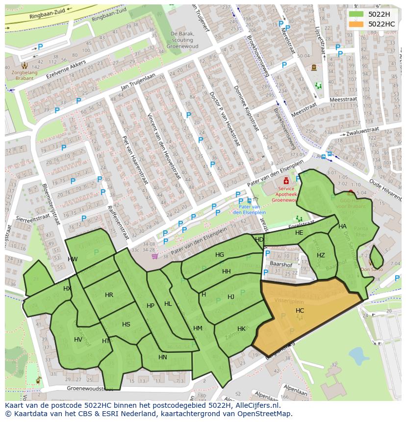 Afbeelding van het postcodegebied 5022 HC op de kaart.