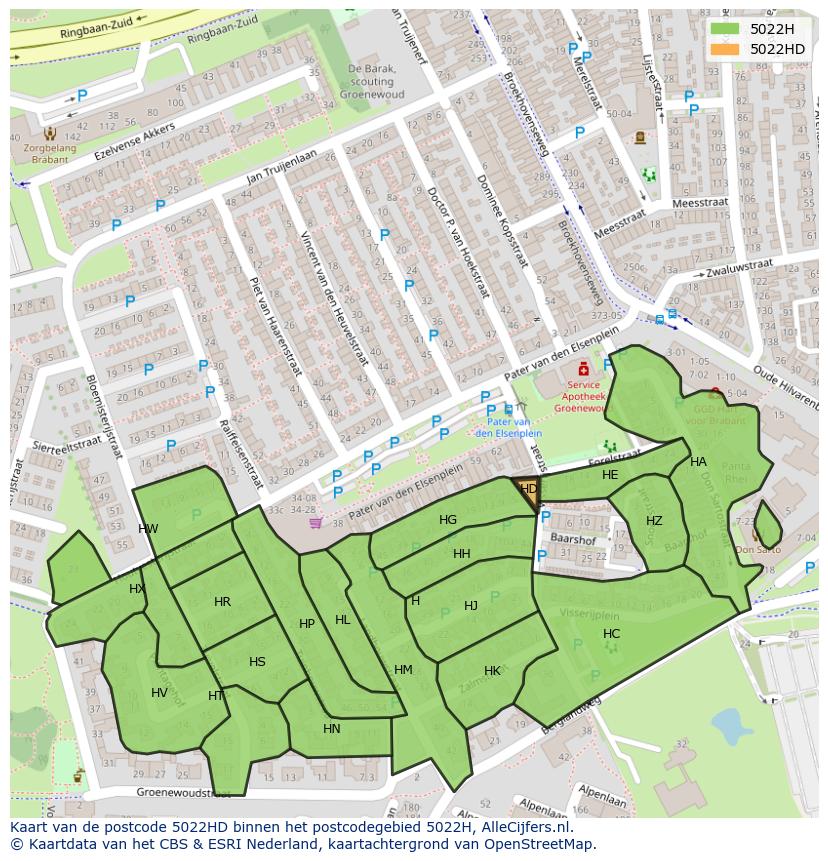 Afbeelding van het postcodegebied 5022 HD op de kaart.