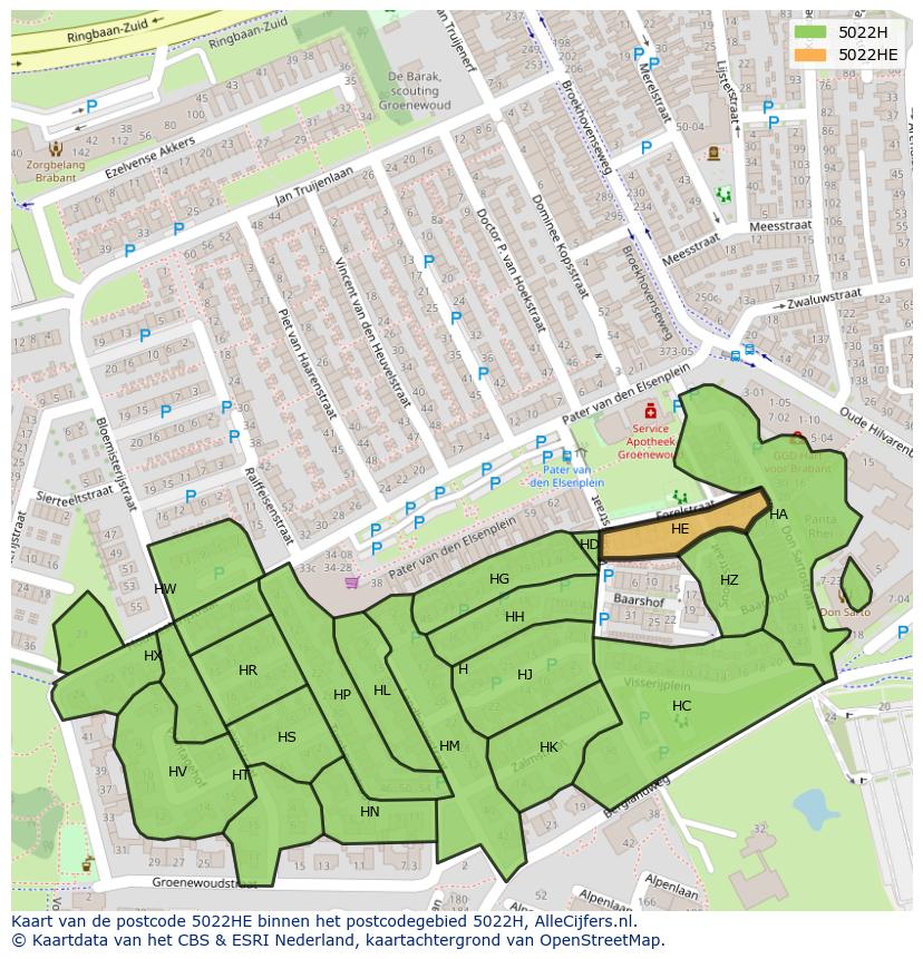 Afbeelding van het postcodegebied 5022 HE op de kaart.