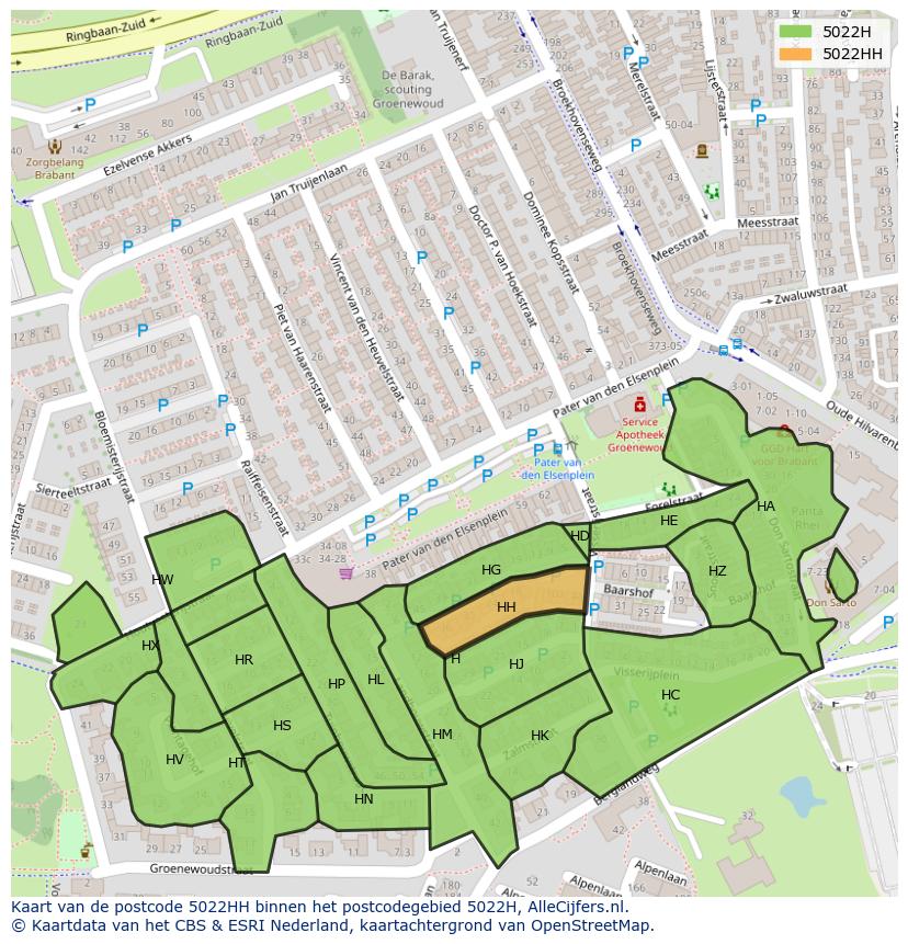Afbeelding van het postcodegebied 5022 HH op de kaart.