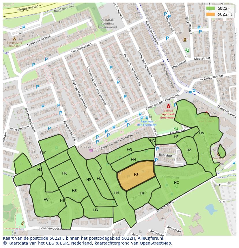 Afbeelding van het postcodegebied 5022 HJ op de kaart.