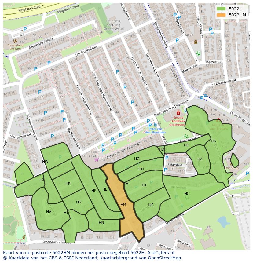 Afbeelding van het postcodegebied 5022 HM op de kaart.