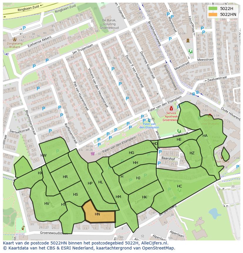 Afbeelding van het postcodegebied 5022 HN op de kaart.