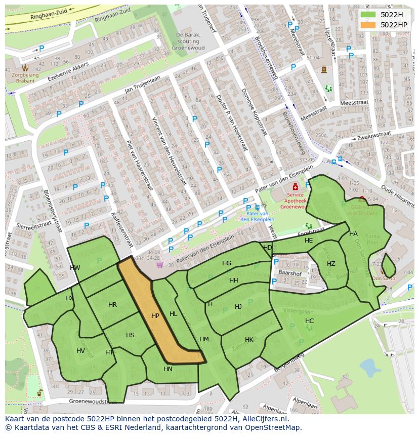 Afbeelding van het postcodegebied 5022 HP op de kaart.