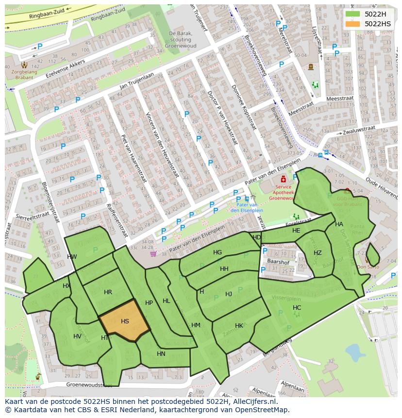 Afbeelding van het postcodegebied 5022 HS op de kaart.