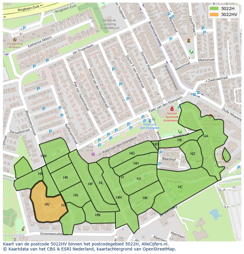Afbeelding van het postcodegebied 5022 HV op de kaart.