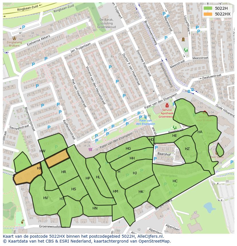 Afbeelding van het postcodegebied 5022 HX op de kaart.