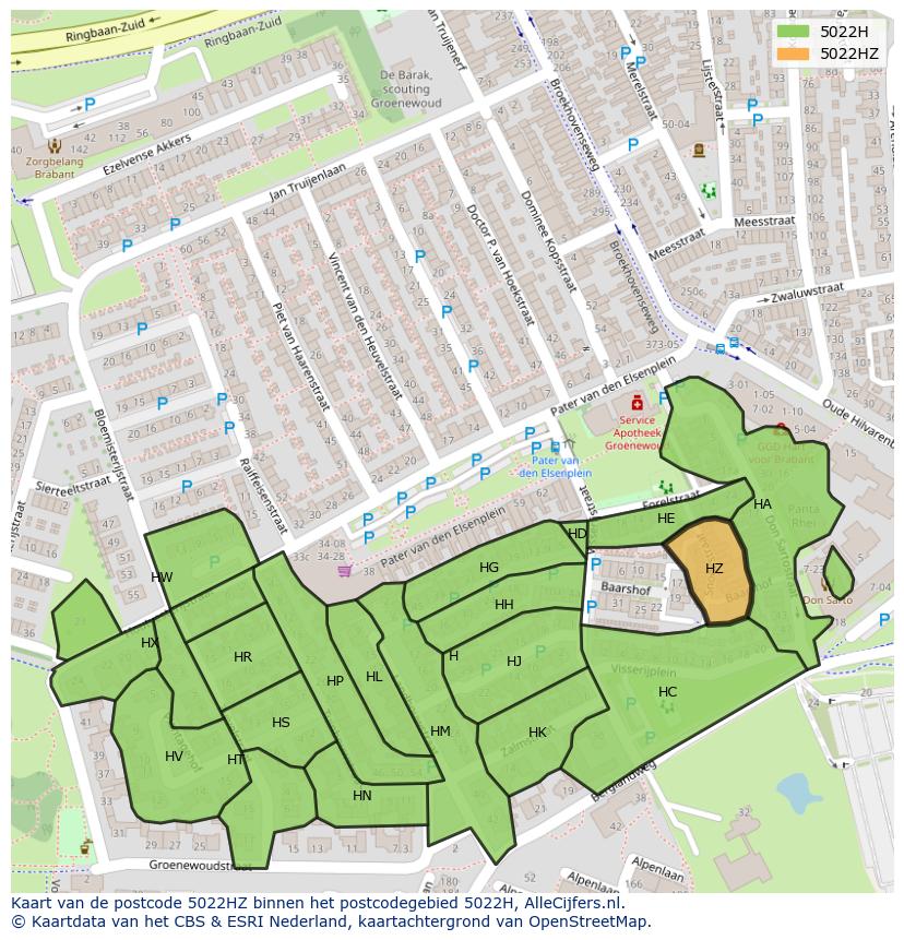 Afbeelding van het postcodegebied 5022 HZ op de kaart.