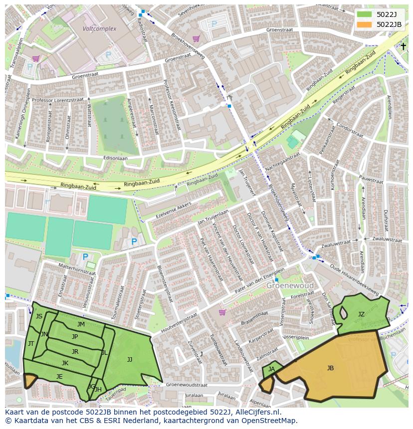 Afbeelding van het postcodegebied 5022 JB op de kaart.