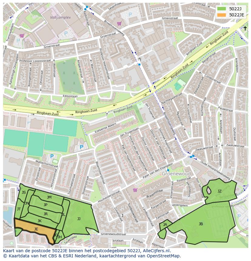 Afbeelding van het postcodegebied 5022 JE op de kaart.