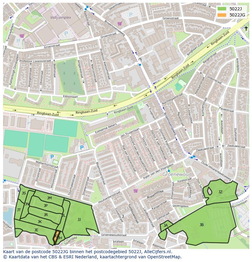 Afbeelding van het postcodegebied 5022 JG op de kaart.