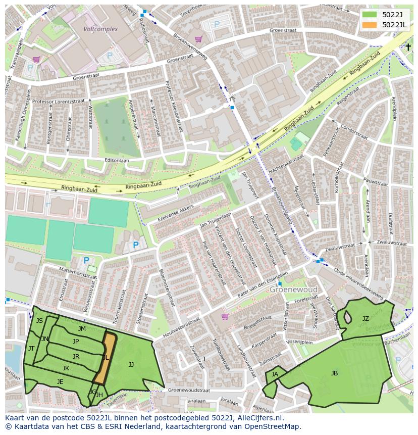 Afbeelding van het postcodegebied 5022 JL op de kaart.