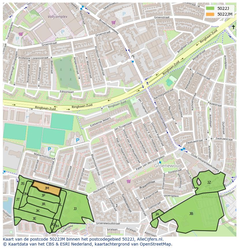 Afbeelding van het postcodegebied 5022 JM op de kaart.