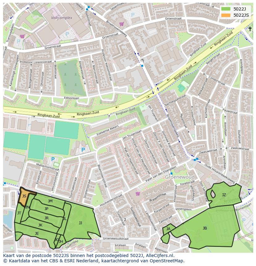 Afbeelding van het postcodegebied 5022 JS op de kaart.