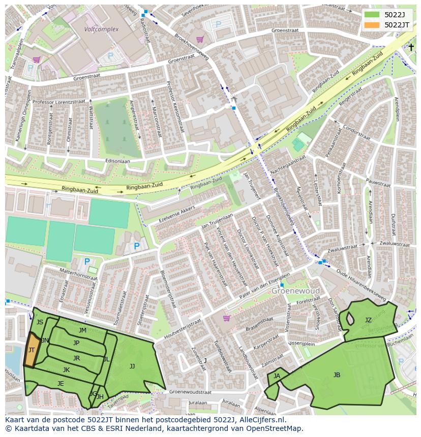 Afbeelding van het postcodegebied 5022 JT op de kaart.
