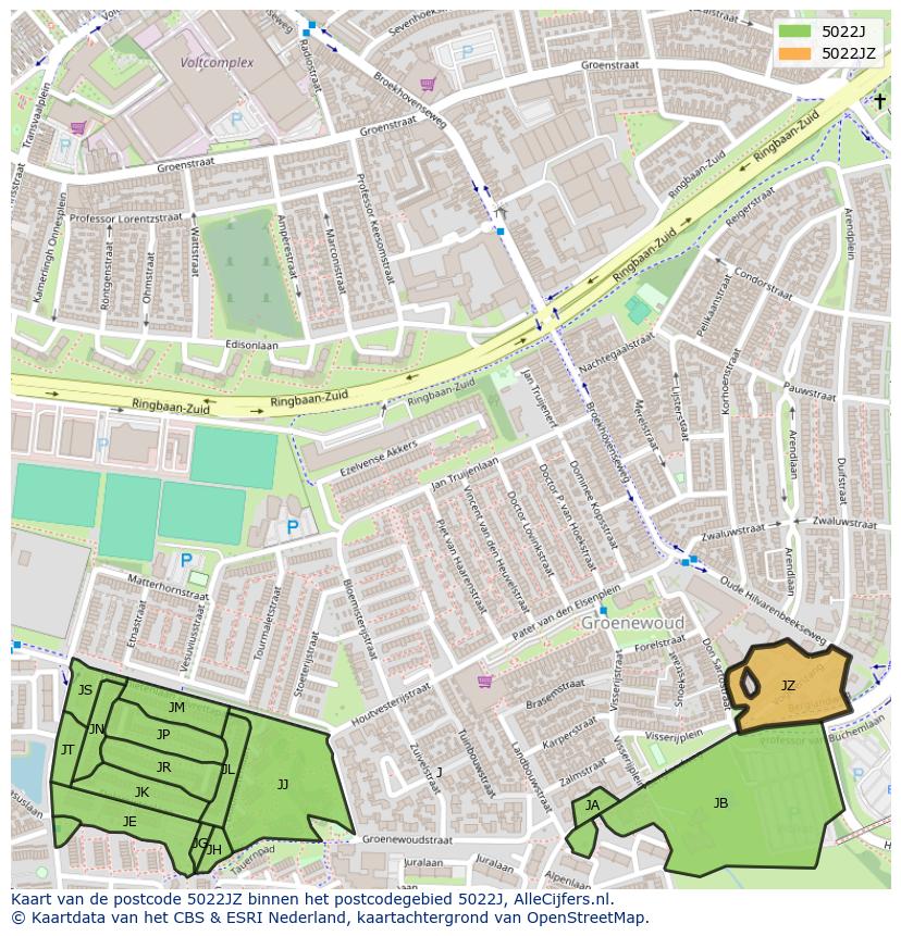Afbeelding van het postcodegebied 5022 JZ op de kaart.
