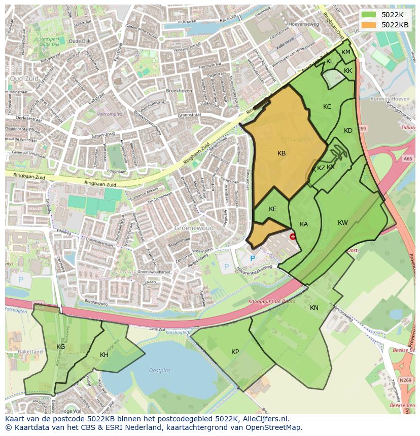 Afbeelding van het postcodegebied 5022 KB op de kaart.