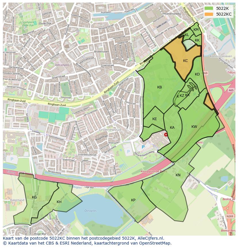 Afbeelding van het postcodegebied 5022 KC op de kaart.