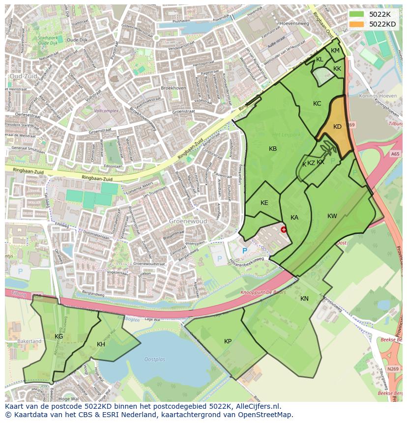 Afbeelding van het postcodegebied 5022 KD op de kaart.