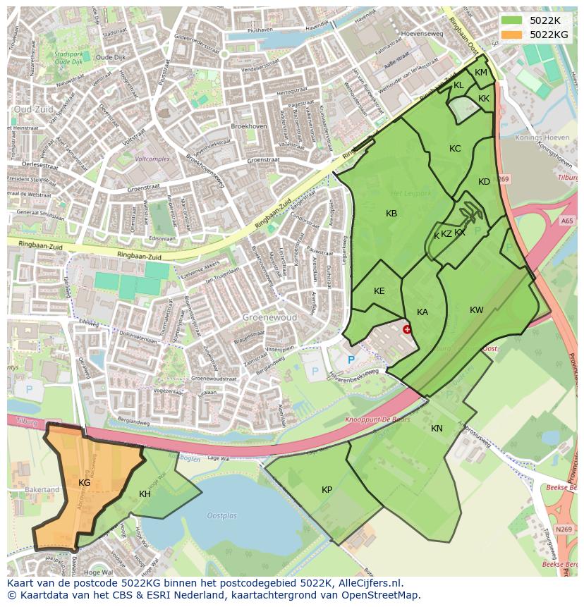 Afbeelding van het postcodegebied 5022 KG op de kaart.