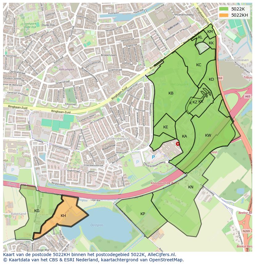Afbeelding van het postcodegebied 5022 KH op de kaart.