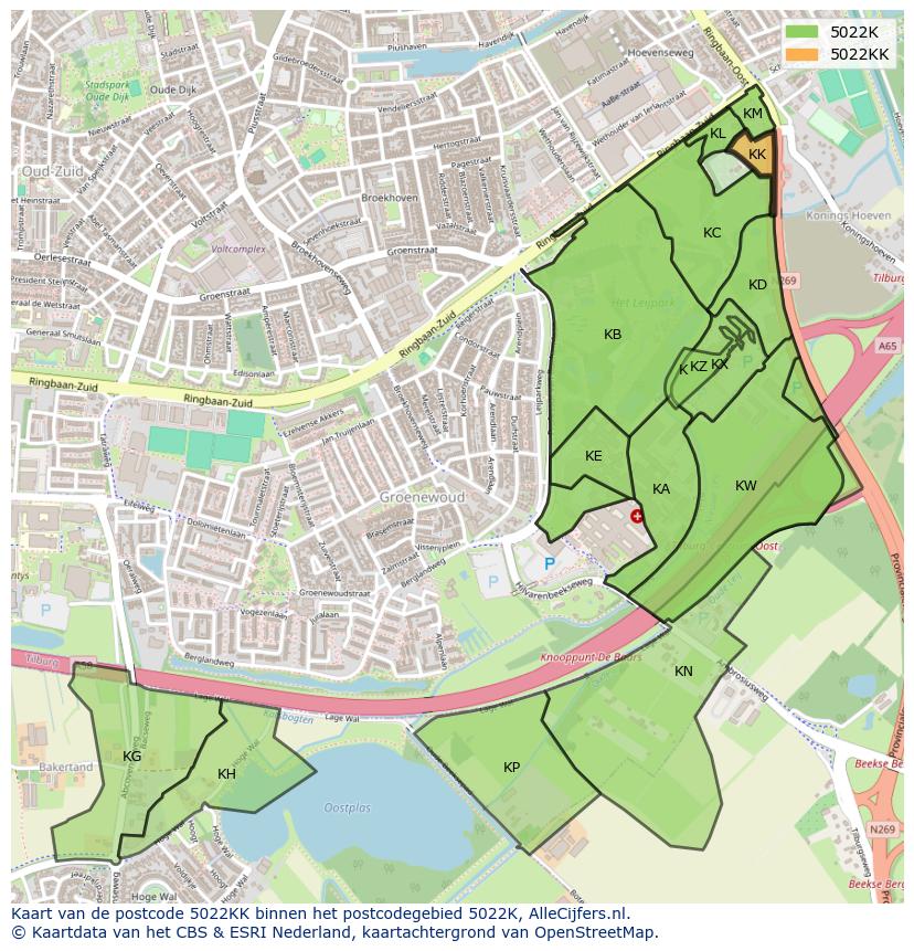 Afbeelding van het postcodegebied 5022 KK op de kaart.