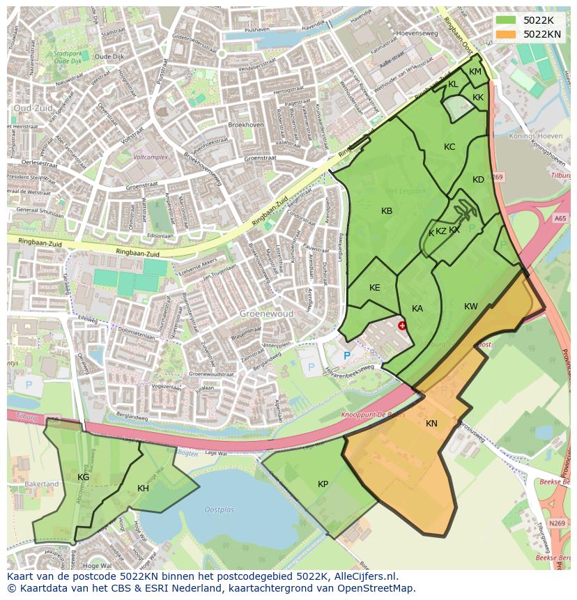 Afbeelding van het postcodegebied 5022 KN op de kaart.