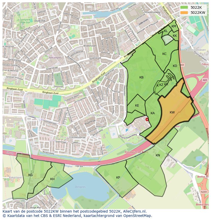 Afbeelding van het postcodegebied 5022 KW op de kaart.