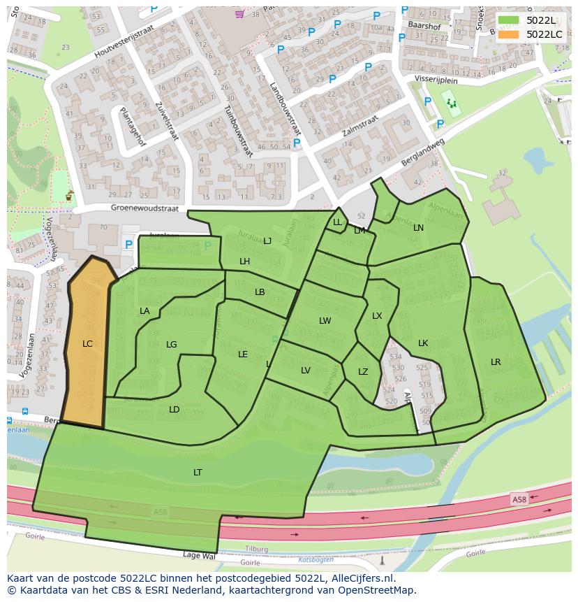 Afbeelding van het postcodegebied 5022 LC op de kaart.